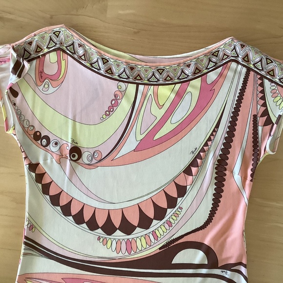 Emilio Pucci Firenze 100% silk jersey tunic top cap sleeves yellow pink abstract - Picture 3 of 11